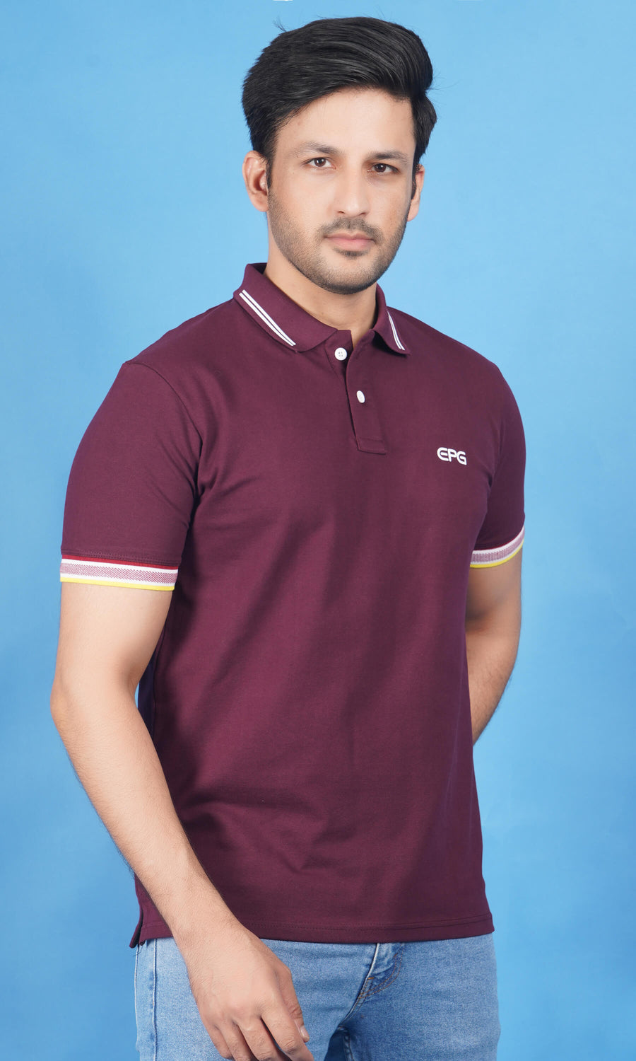 men cotton lycra half sleeve polo t shirt wine deep maroon color right side view accurate fit true size holds shape