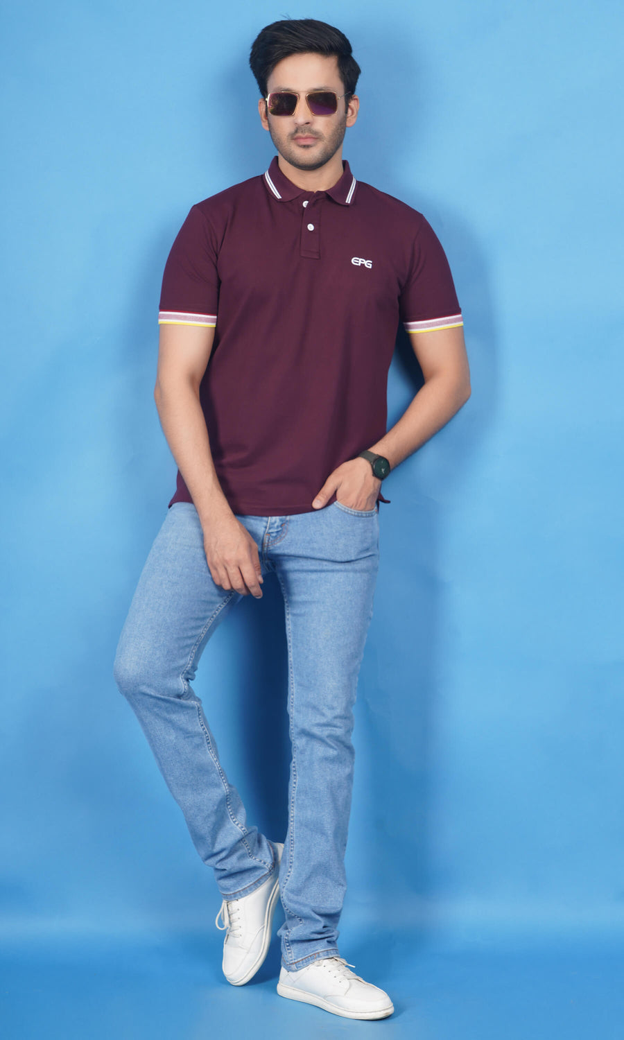 men wearing cotton lycra half sleeve polo t shirt wine deep maroon color breathable everyday wear premium comfort hols shape