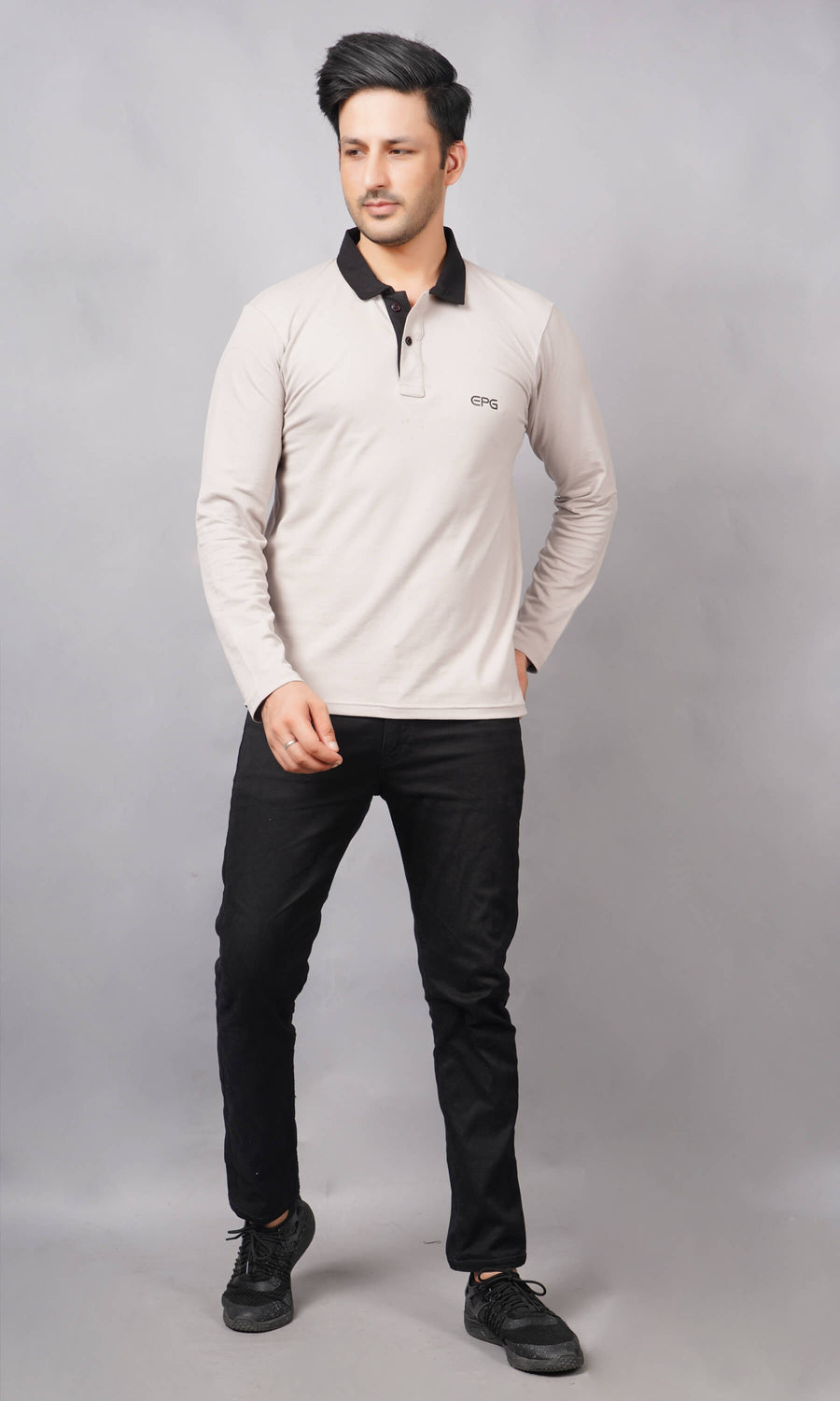 men wearing pure cotton lycra full sleeve polo t shirt grey with black contrast collar breathable everyday wear premium comfort