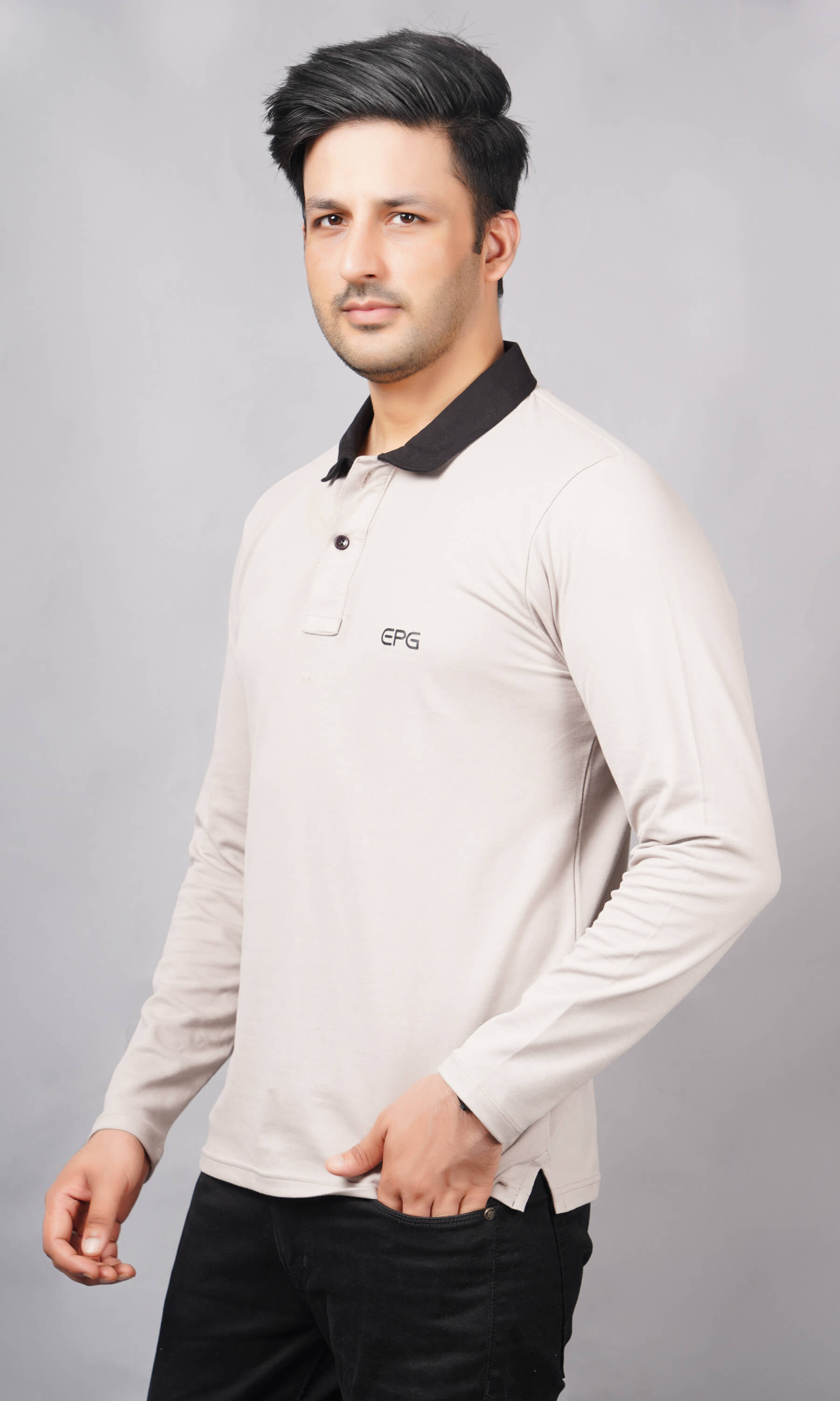 EPG Men's Cotton Lycra Full Sleeve Polo T Shirt - Grey