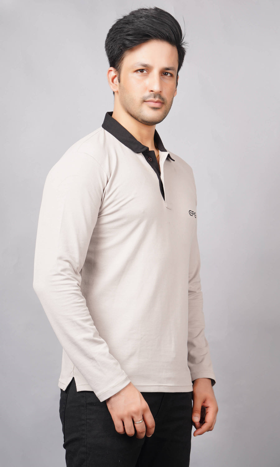 right side view of men pure cotton lycra full sleeve polo t shirt grey black contrast collar side view accurate fit true size holds shape no sag fabric