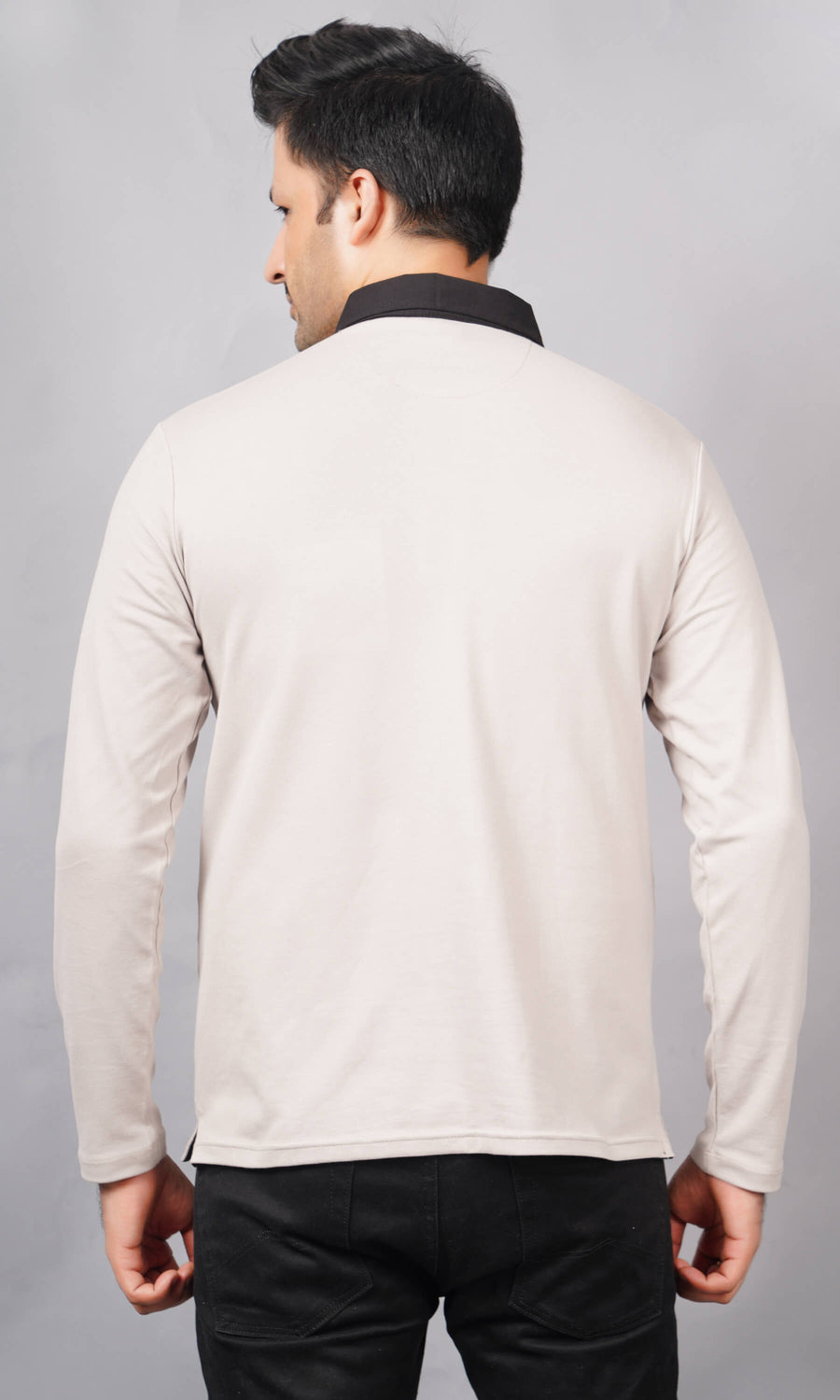 men grey pure cotton lycra full sleeve polo t shirt back view black contrast collar true size durable fabric won’t deform