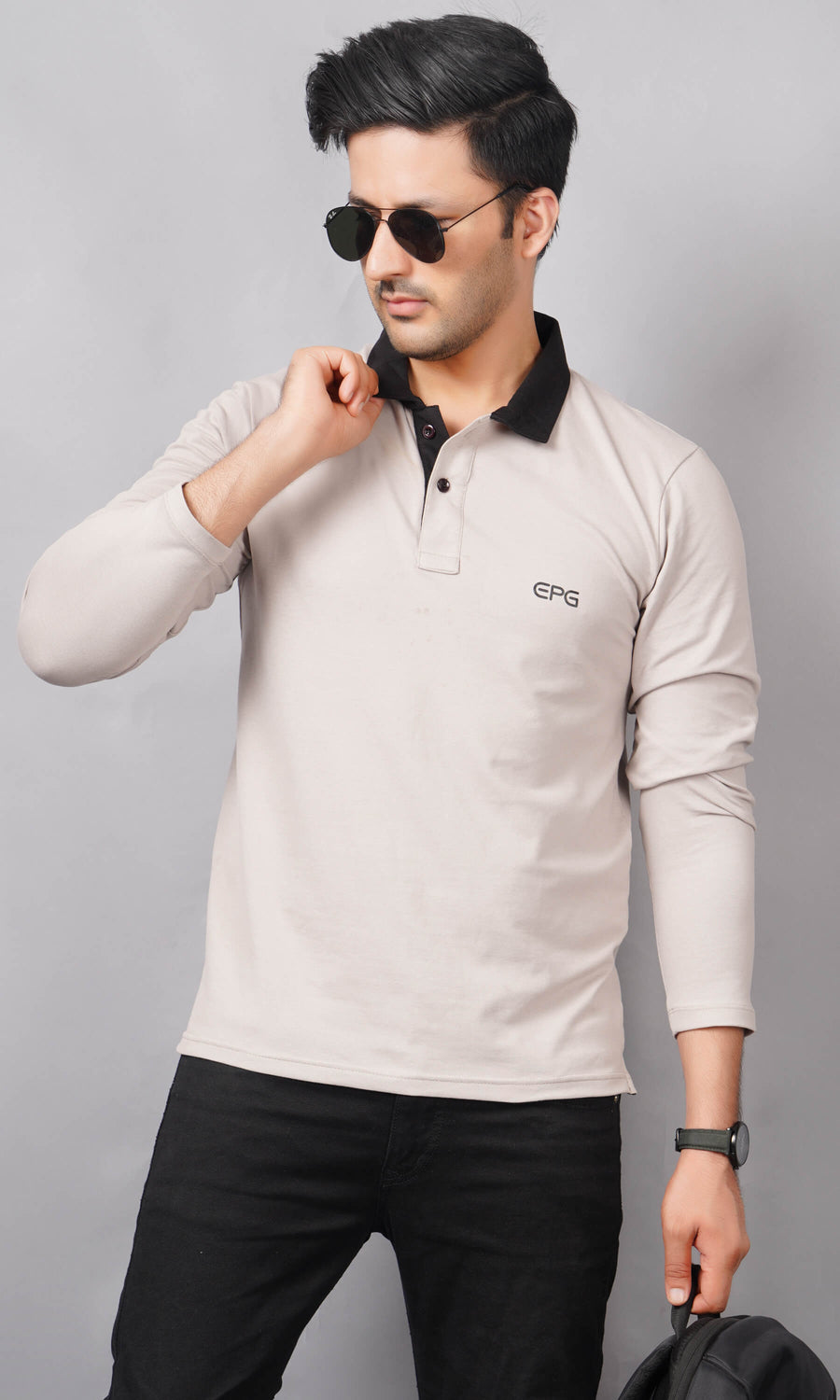 men grey color full sleeve black color contrast  collar polo lycra cotton fabric 