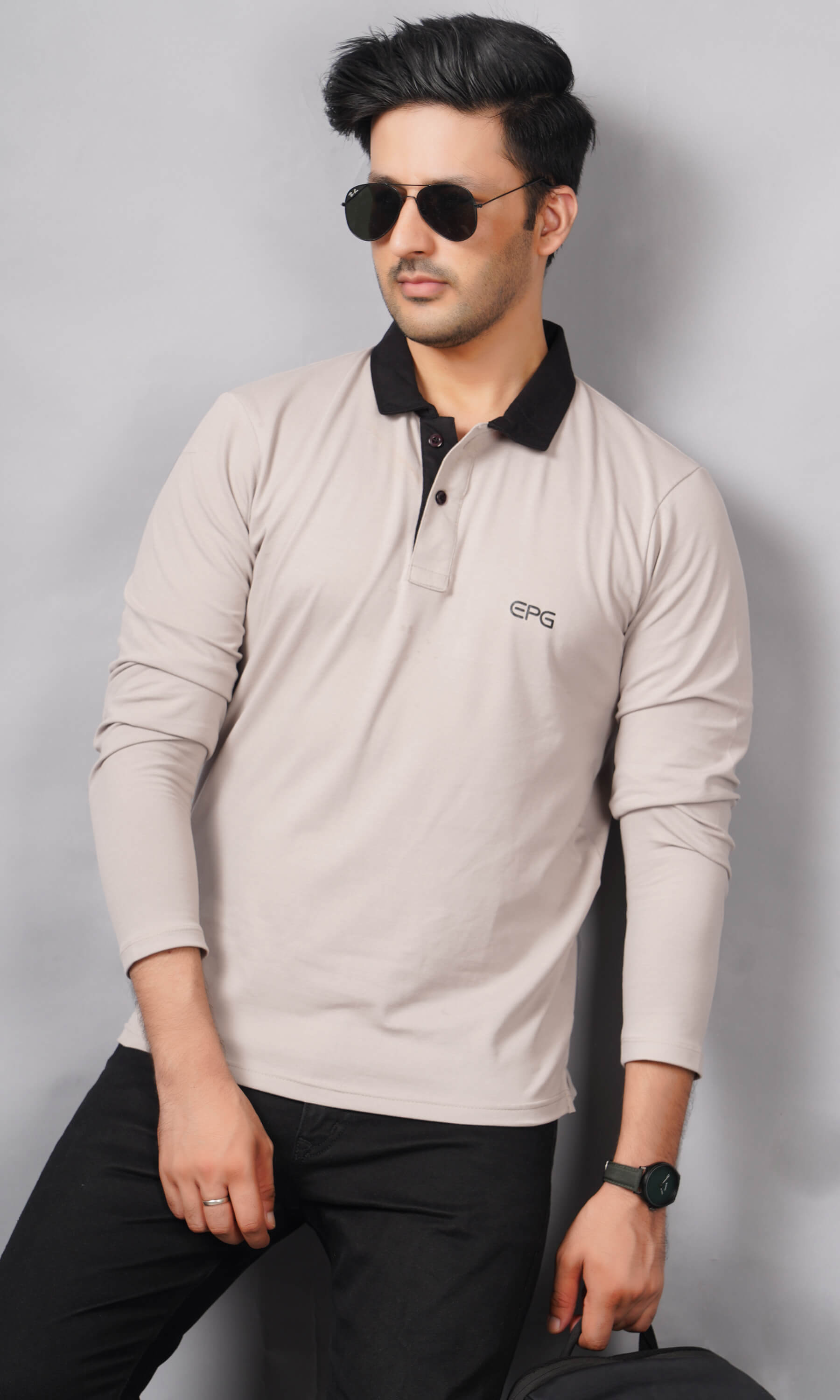 EPG Men's Cotton Lycra Full Sleeve Polo T Shirt Grey