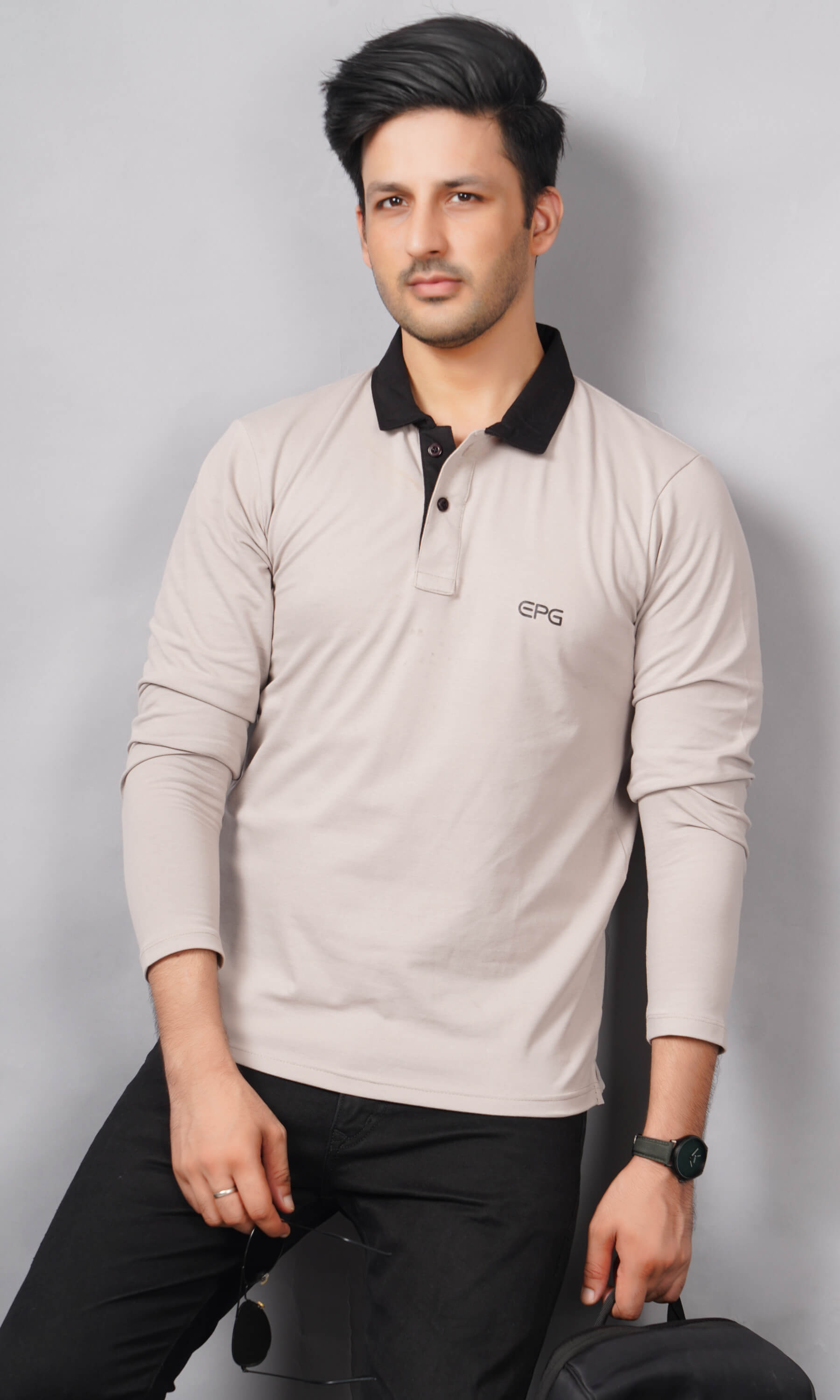 EPG Men's Cotton Lycra Full Sleeve Polo T Shirt - Grey