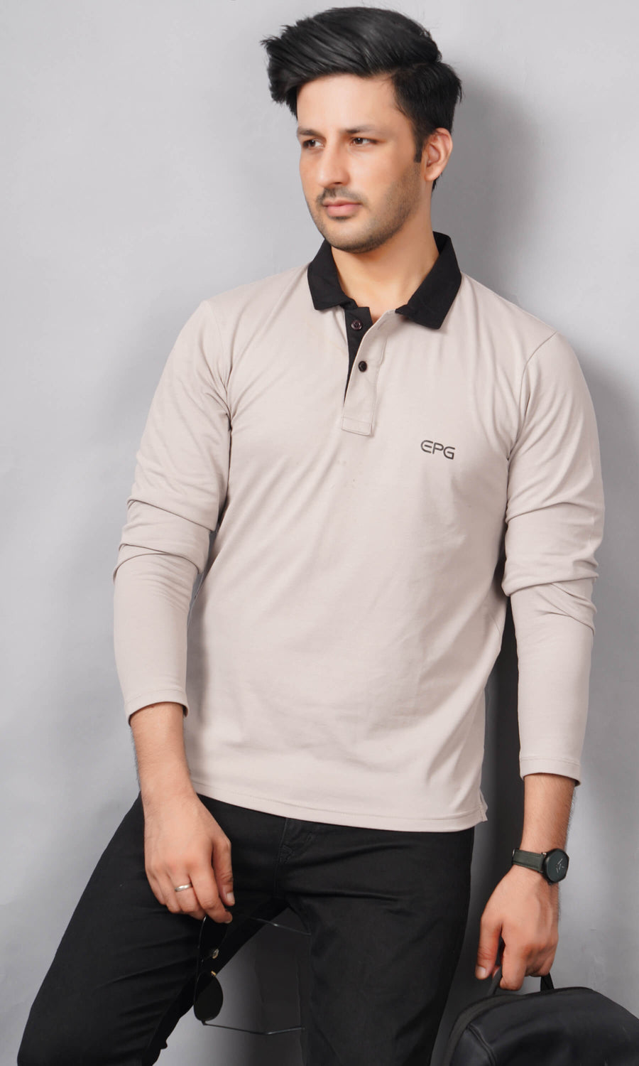 front view 2 men full sleeve polo pure cotton lycra t shirt grey with black contrast collar soft breathable gold finish true fabric true color