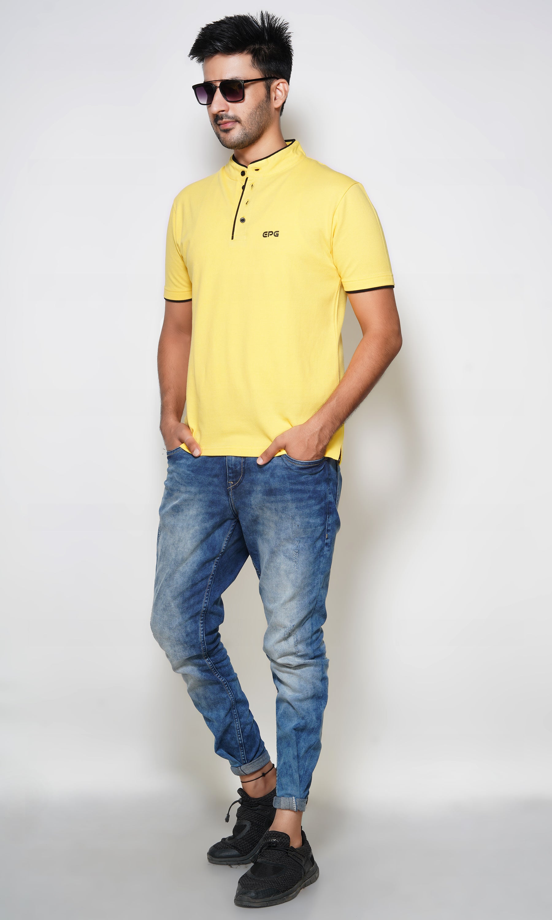 EPG Pure Cotton Men's Mandarin Collar Cotton T-shirt - Yellow