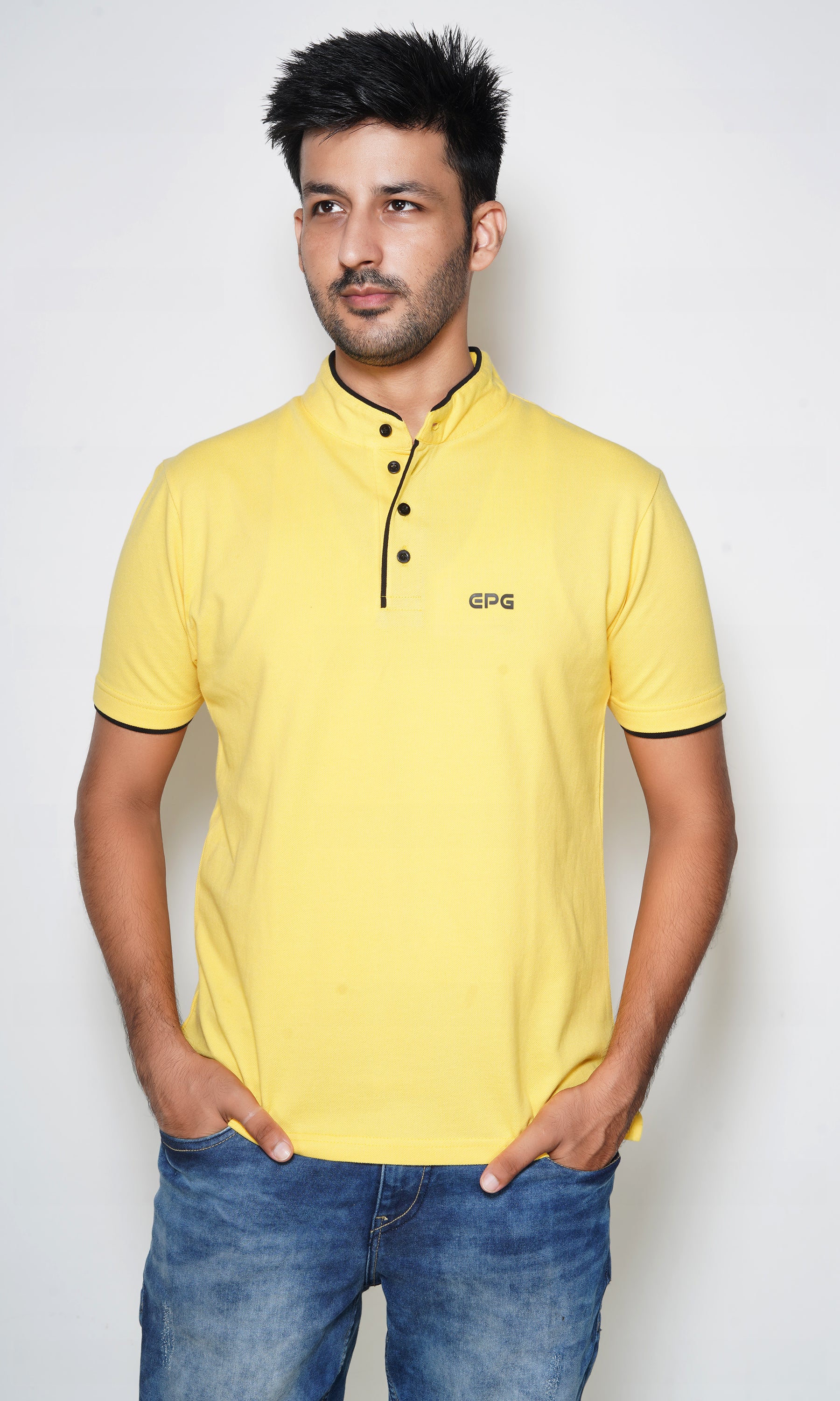 EPG Pure Cotton Men's Mandarin Collar Cotton T-shirt - Yellow