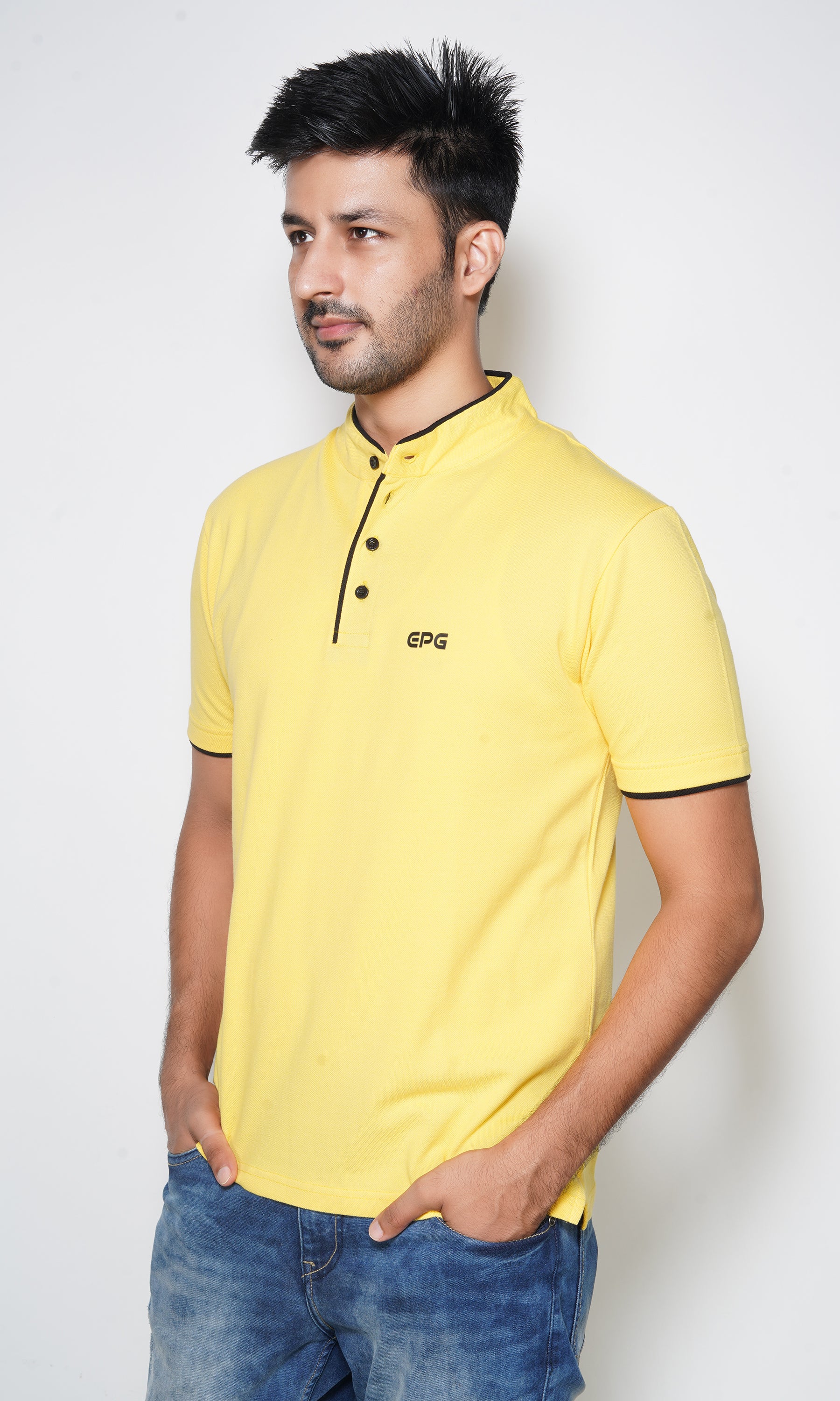 EPG Pure Cotton Men's Mandarin Collar Cotton T-shirt - Yellow