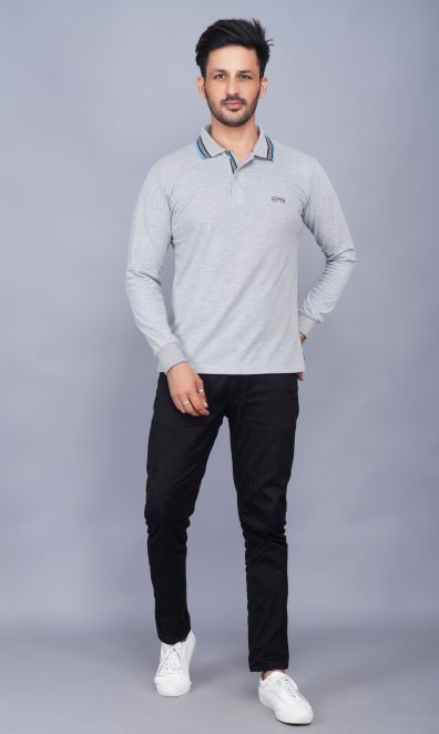 EPG Cotton Blend Full Sleeve Men's Polo (Collar )T Shirt - Grey Melange  color