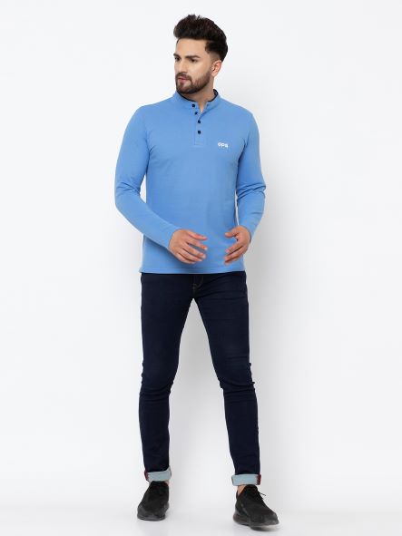 EPG Pure Cotton Full sleeves men's Mandarin collar T-shirt   - Sky  Blue  color