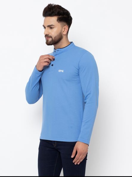 EPG Pure Cotton Full sleeves men's Mandarin collar T-shirt   - Sky  Blue  color