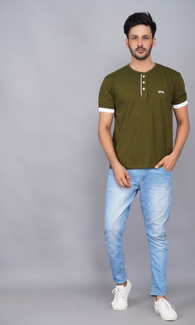 Half Sleeve Henley Pure Cotton Slub T Shirt for Men  - Army Green