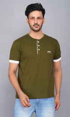 Half Sleeve Henley Pure Cotton Slub T Shirt for Men  - Army Green