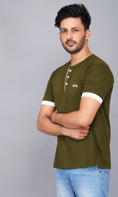 Half Sleeve Henley Pure Cotton Slub T Shirt for Men  - Army Green