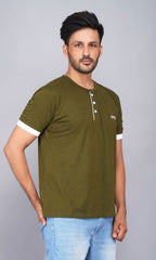 Half Sleeve Henley Pure Cotton Slub T Shirt for Men  - Army Green