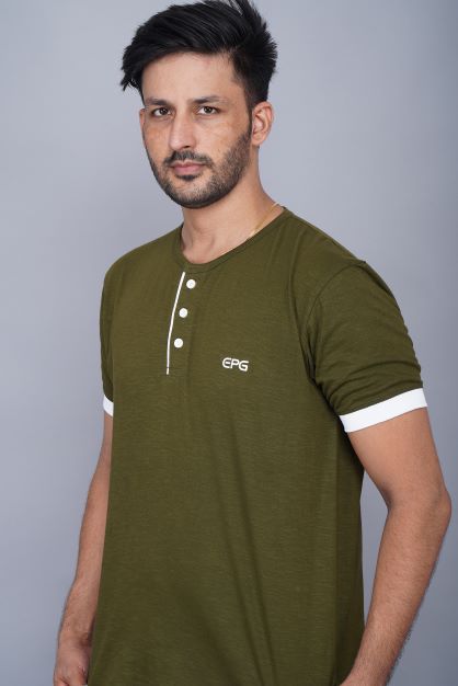 Half Sleeve Henley Pure Cotton Slub T Shirt for Men  - Army Green