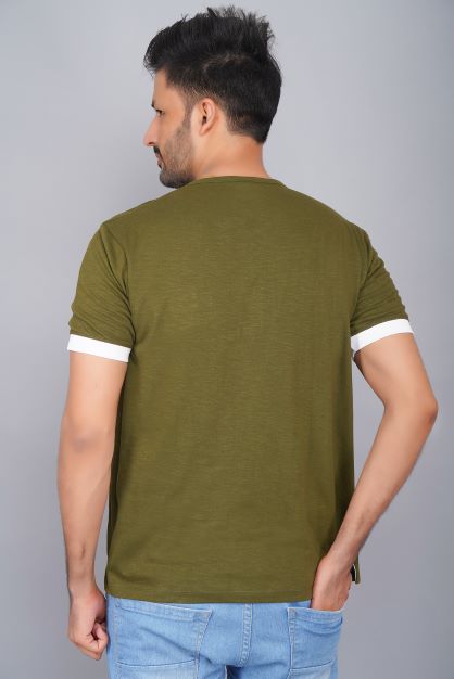 Half Sleeve Henley Pure Cotton Slub T Shirt for Men  - Army Green