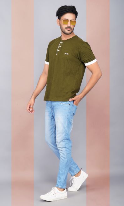 Half Sleeve Henley Pure Cotton Slub T Shirt for Men  - Army Green