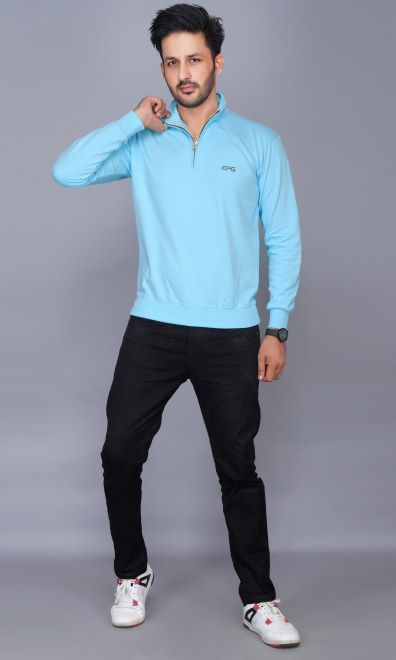 EPG Pure Cotton Fleece Men's Half Zip Jacket ( For Winters ) - AQUA BLUE