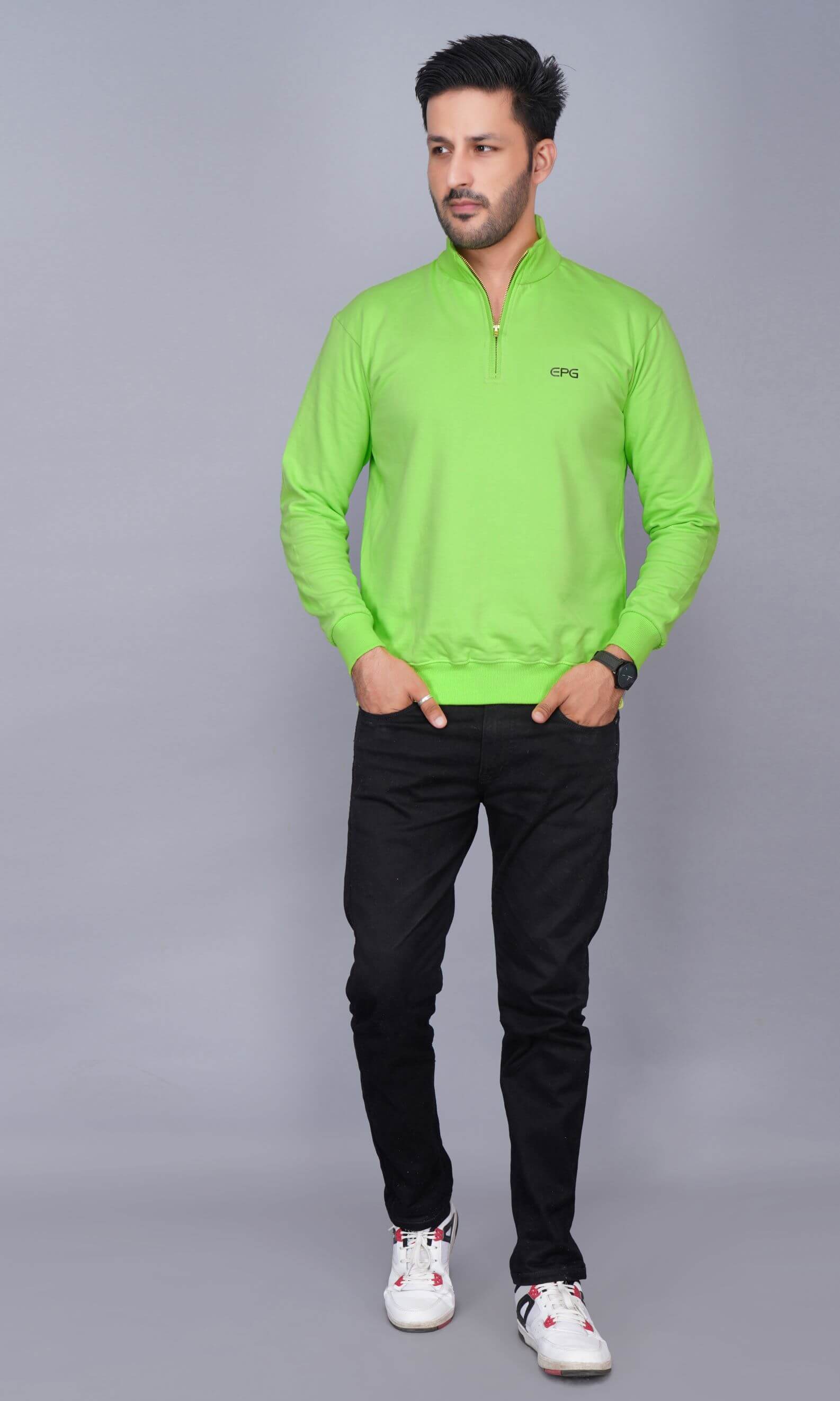 EPG Pure Cotton Fleece Men's Half Zip Sweat Shirt ( For Winters ) - Parrot Green