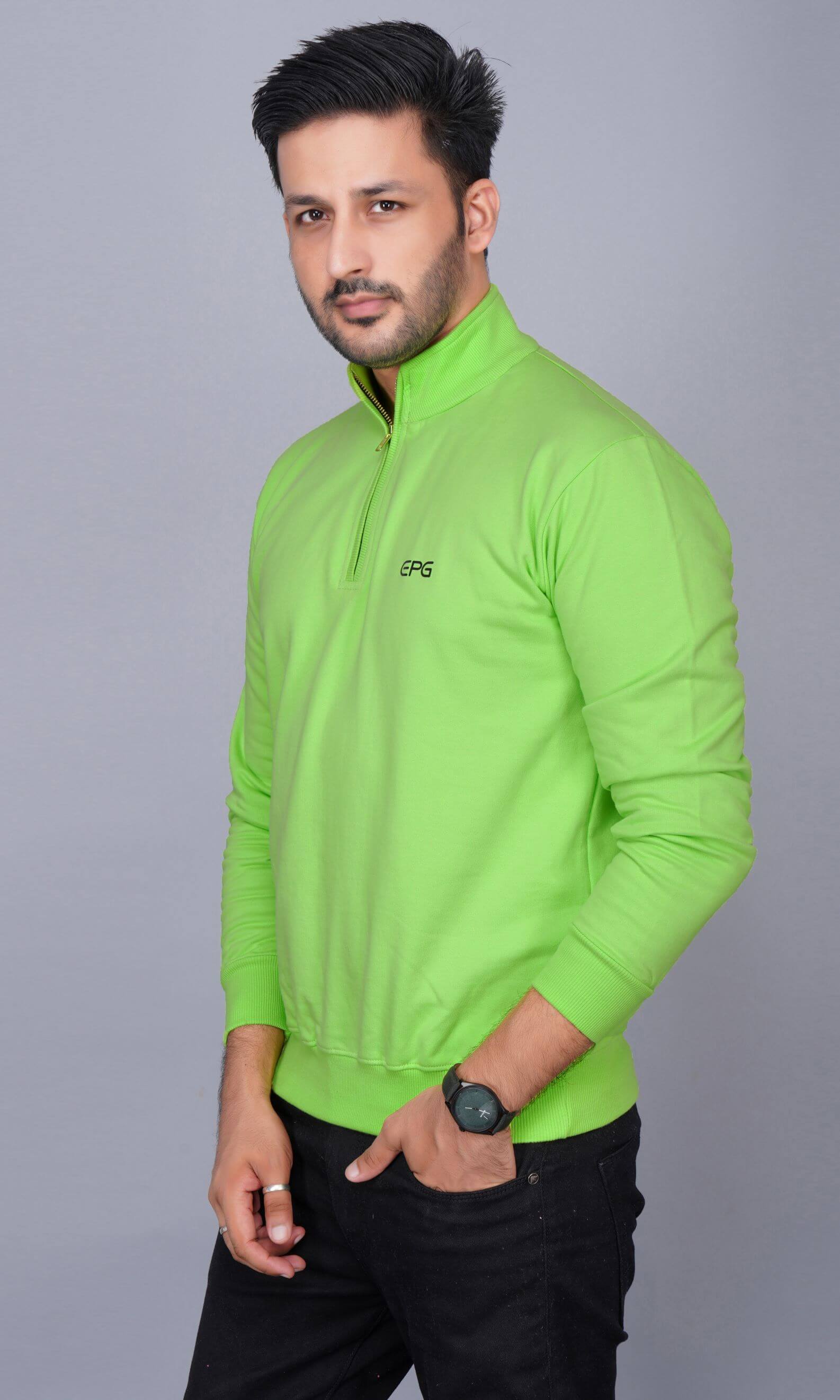 EPG Pure Cotton Fleece Men's Half Zip Sweat Shirt ( For Winters ) - Parrot Green