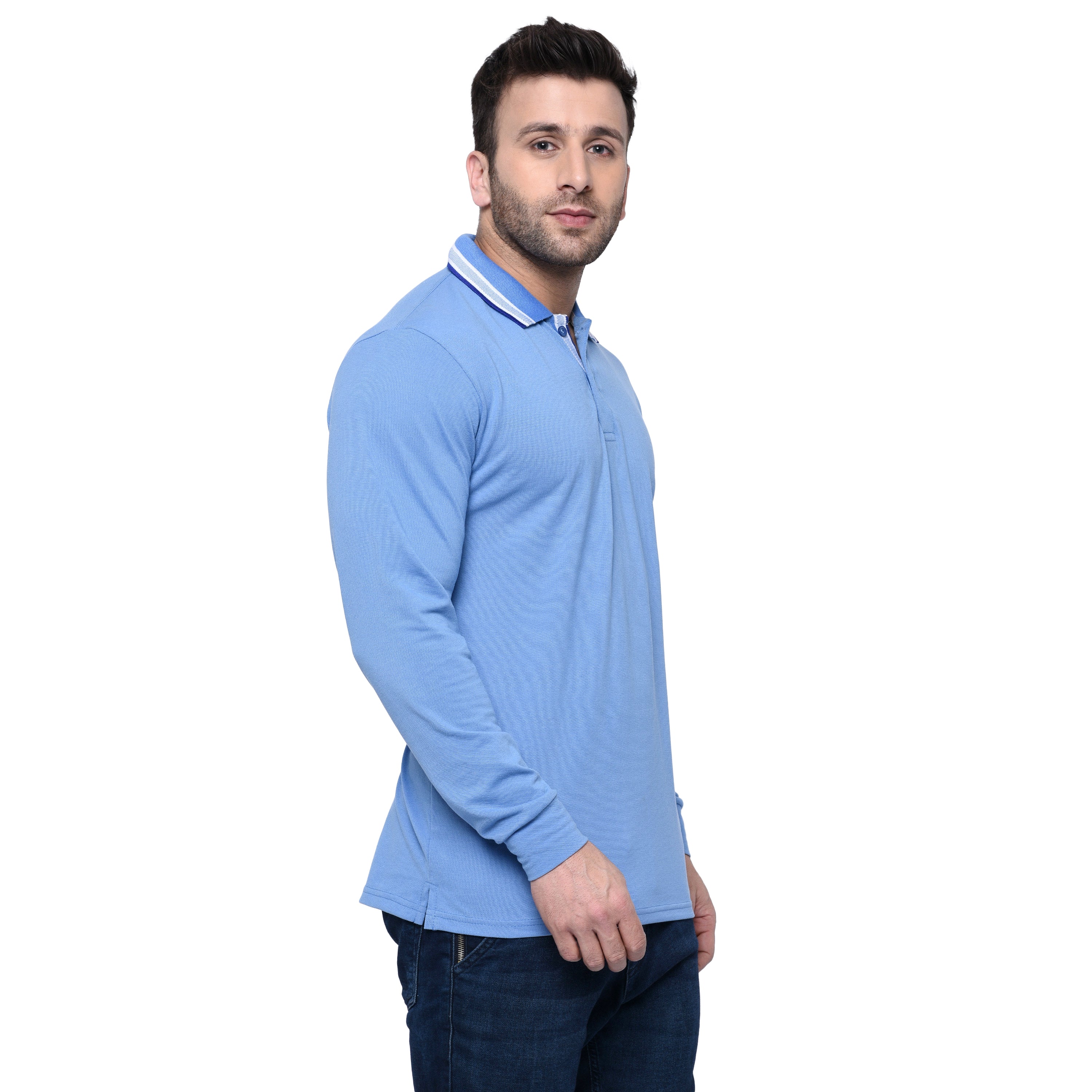 EPG Pure Cotton Full Sleeve's Men's Polo (Collar ) T Shirt - Azure (Sky Blue ) color