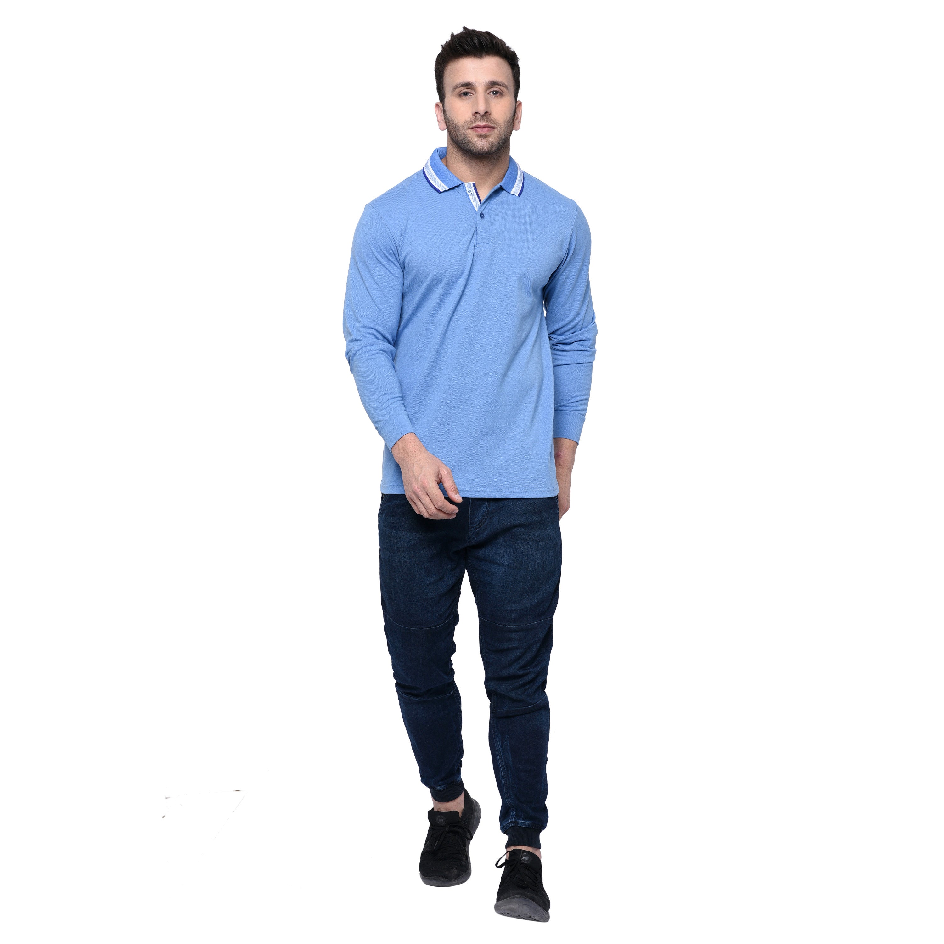 EPG Pure Cotton Full Sleeve's Men's Polo (Collar ) T Shirt - Azure (Sky Blue ) color