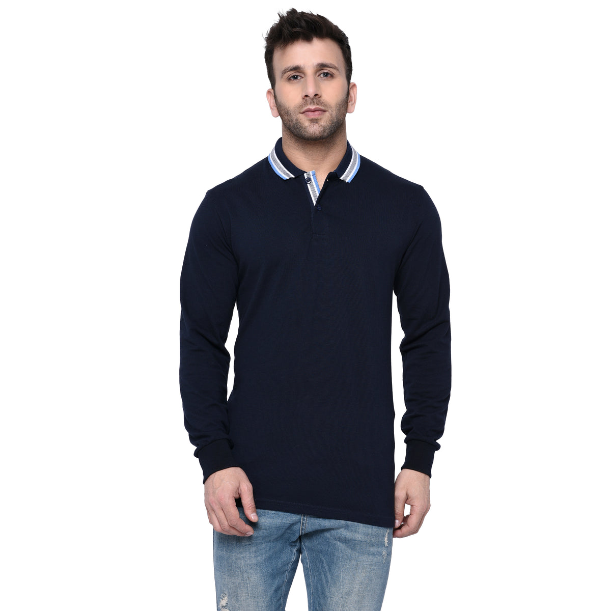 EPG Pure Cotton Full sleeves men's polo (Collar) T Shirt - Navy Blue color